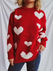 Heart Round Neck Dropped Shoulder Sweater - Trendsi