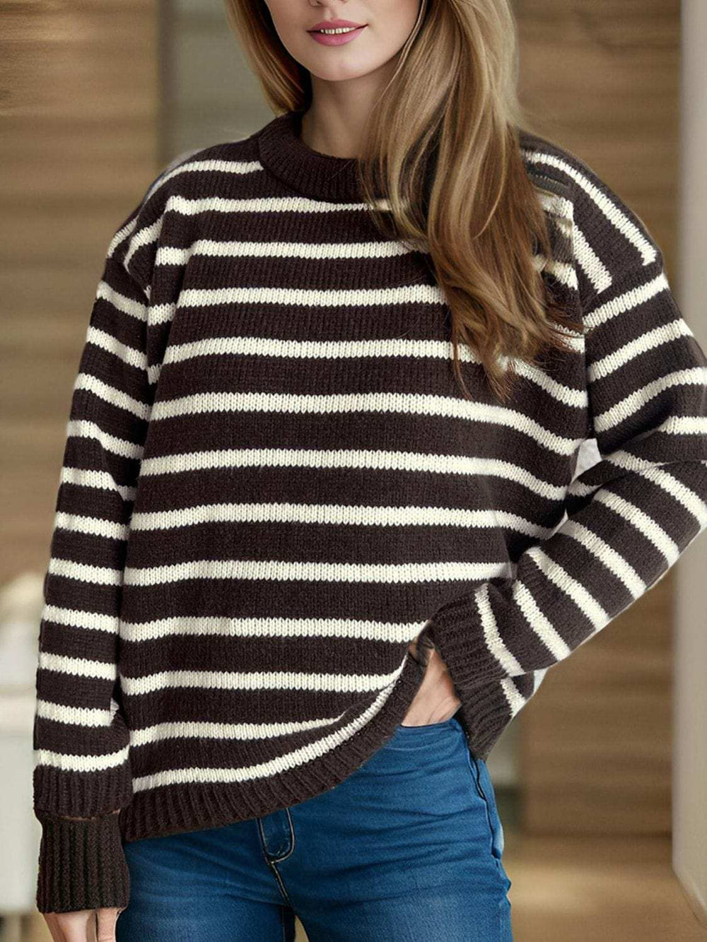 Striped Round Neck Long Sleeve Sweater - Trendsi - Flyclothing LLC