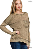 Zenana French Terry Washed Raw Edge Front Pocket Pullover - Trendsi - Flyclothing LLC