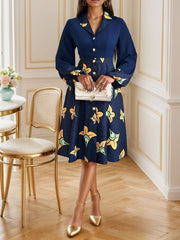 Printed Collared Neck Long Sleeve Dress - Trendsi