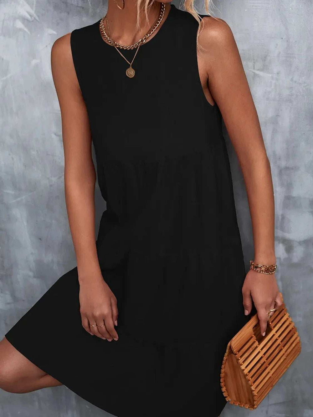 Tiered Round Neck Sleeveless Mini Tank Dress - Trendsi - Flyclothing LLC