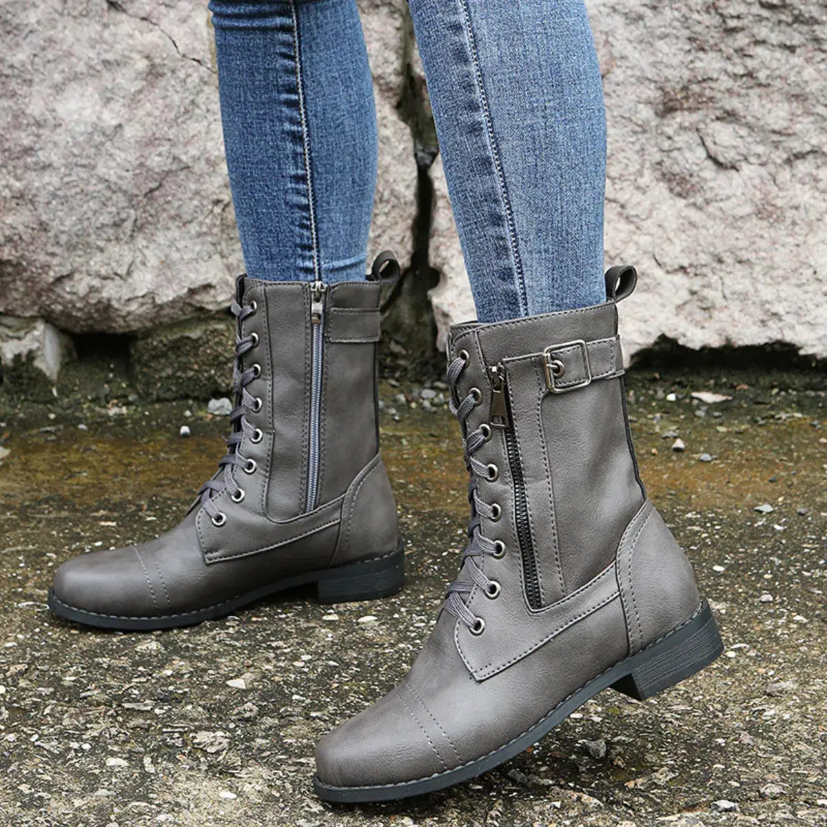 Lace-Up Ankle Boots with Zipper Detail - Trendsi - Flyclothing LLC