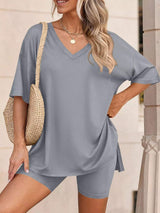 Full Size Casual Loose V-Neck T-Shirt & Shorts Set Plus Size - Trendsi - Flyclothing LLC