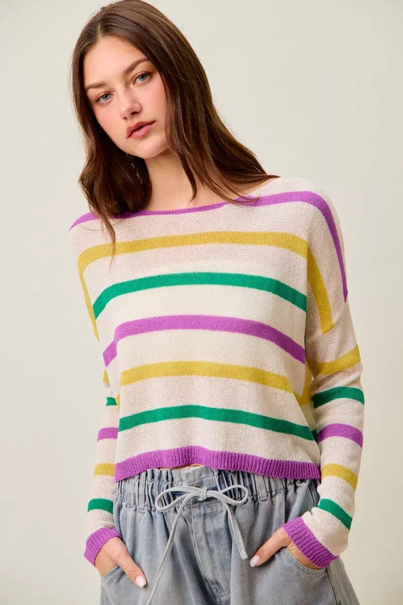 SO ME Mardi Gras Color Stripe Lightweight Sweater Top - Trendsi - Flyclothing LLC