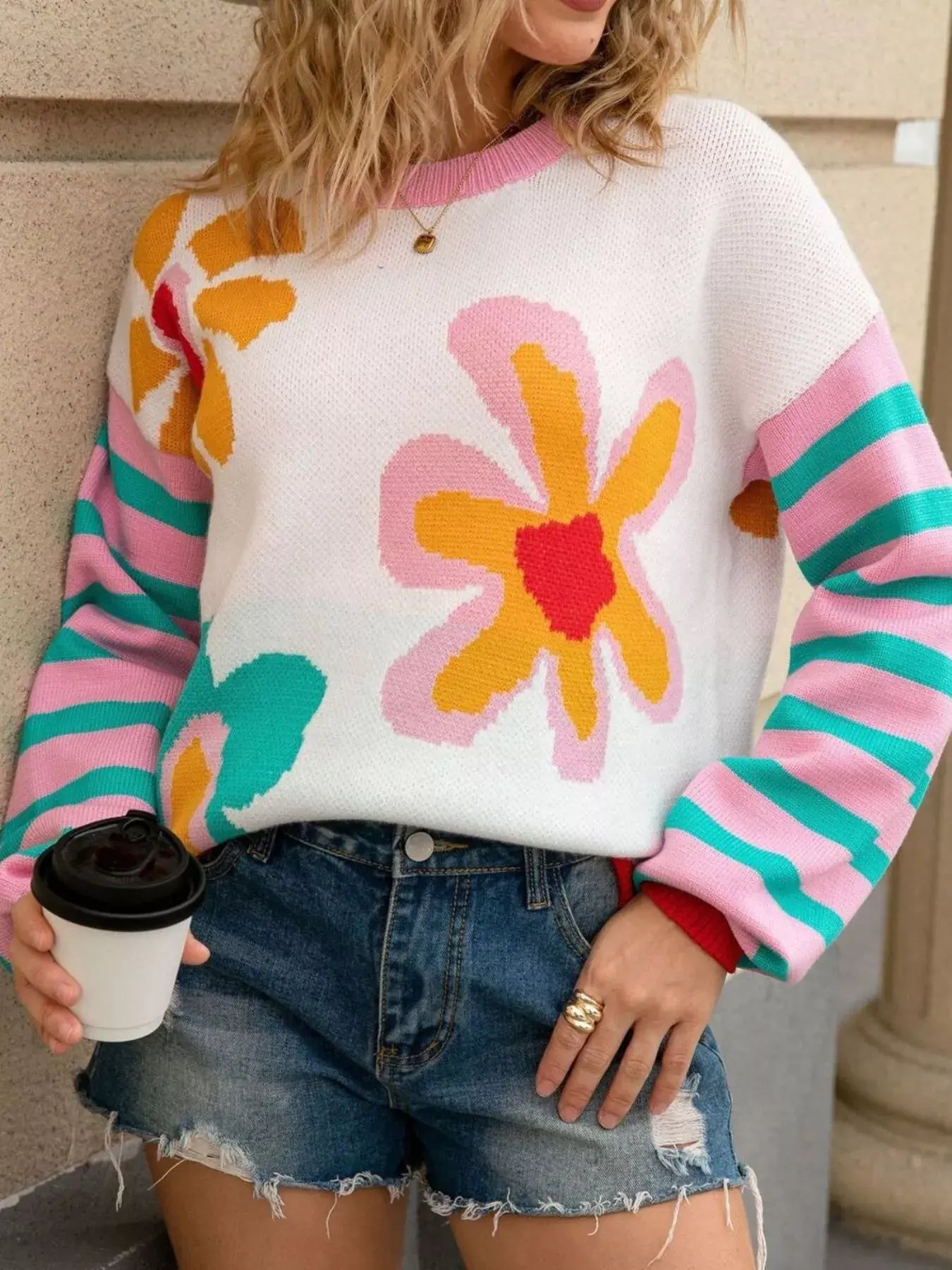 Floral Striped Crew Neck Sweater - Trendsi - Flyclothing LLC