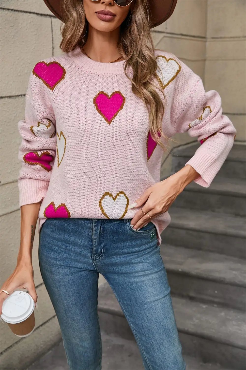 Angel Wings Contrast Heart Round Neck Long Sleeve Sweater - Trendsi