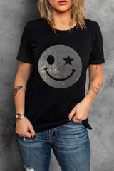 Rhinestone Smiley Round Neck Short Sleeve T-Shirt - Trendsi - Flyclothing LLC
