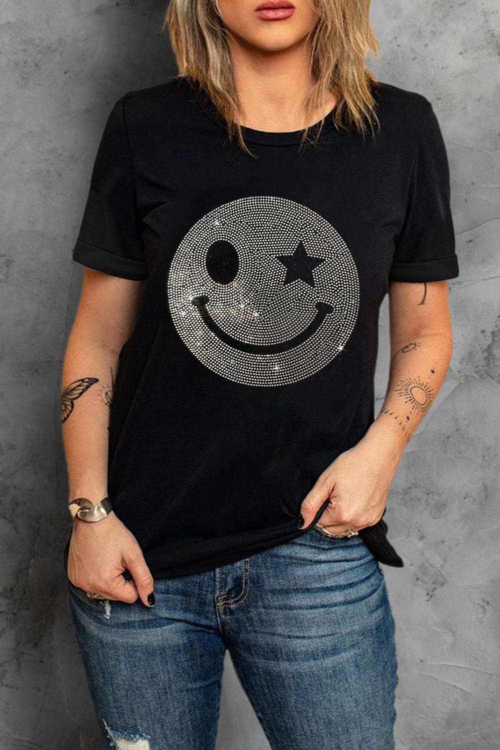 Rhinestone Smiley Round Neck Short Sleeve T-Shirt - Trendsi - Flyclothing LLC