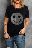 Rhinestone Smiley Round Neck Short Sleeve T-Shirt - Trendsi - Flyclothing LLC