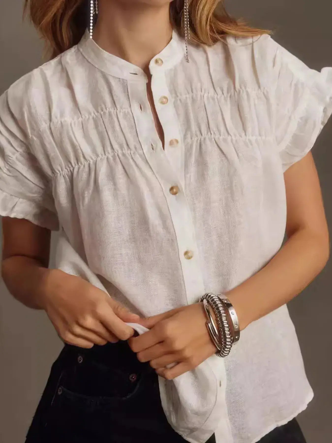 Ruffled Short Sleeve Button Up Shirt - Trendsi - Flyclothing LLC