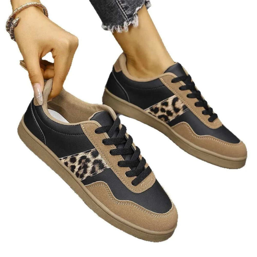 Leopard Lace Up Round Toe Sneakers - Trendsi - Flyclothing LLC