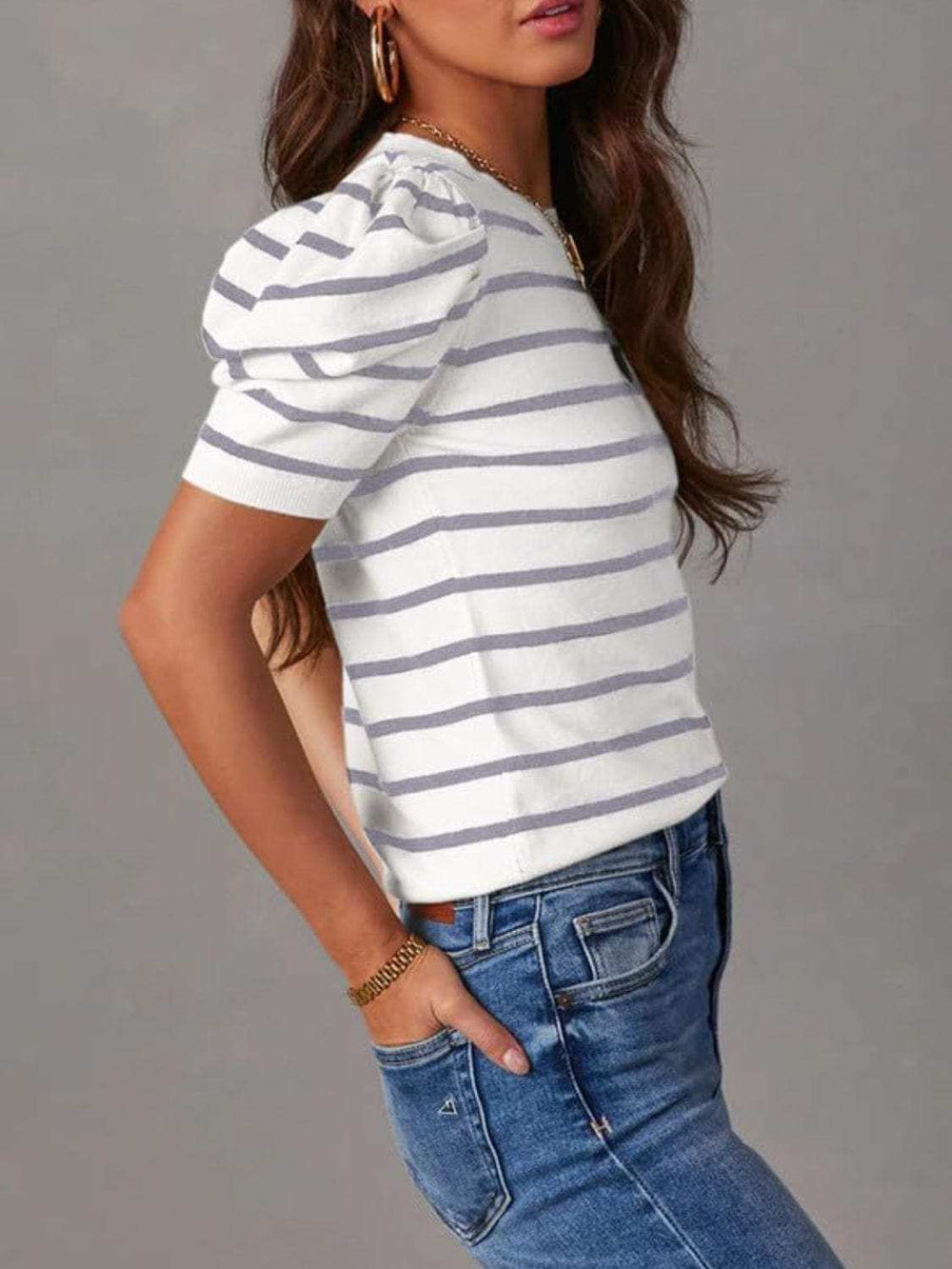 Striped Round Neck Puff Sleeve Knit Top - Trendsi - Flyclothing LLC