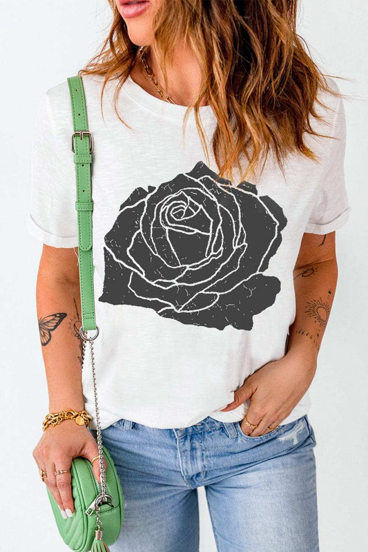Rose Graphic Round Neck Short Sleeve T-Shirt - Trendsi - Flyclothing LLC