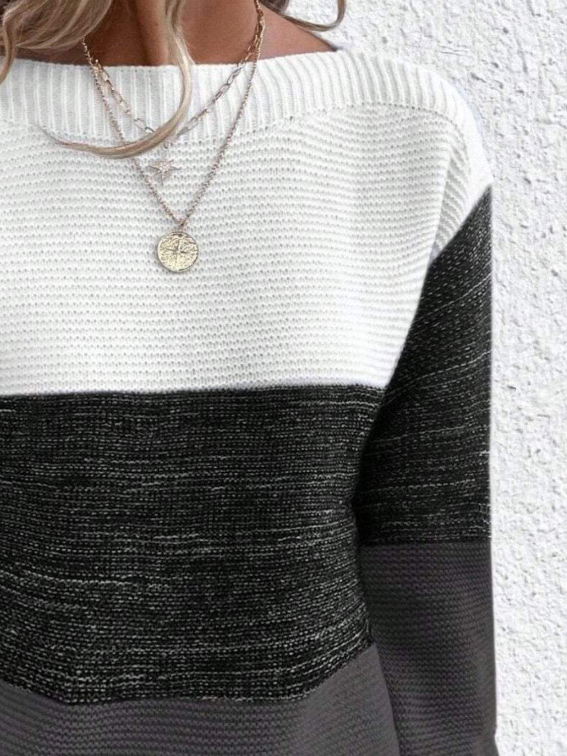Color Block Boat Neck Sweater - Trendsi - Flyclothing LLC