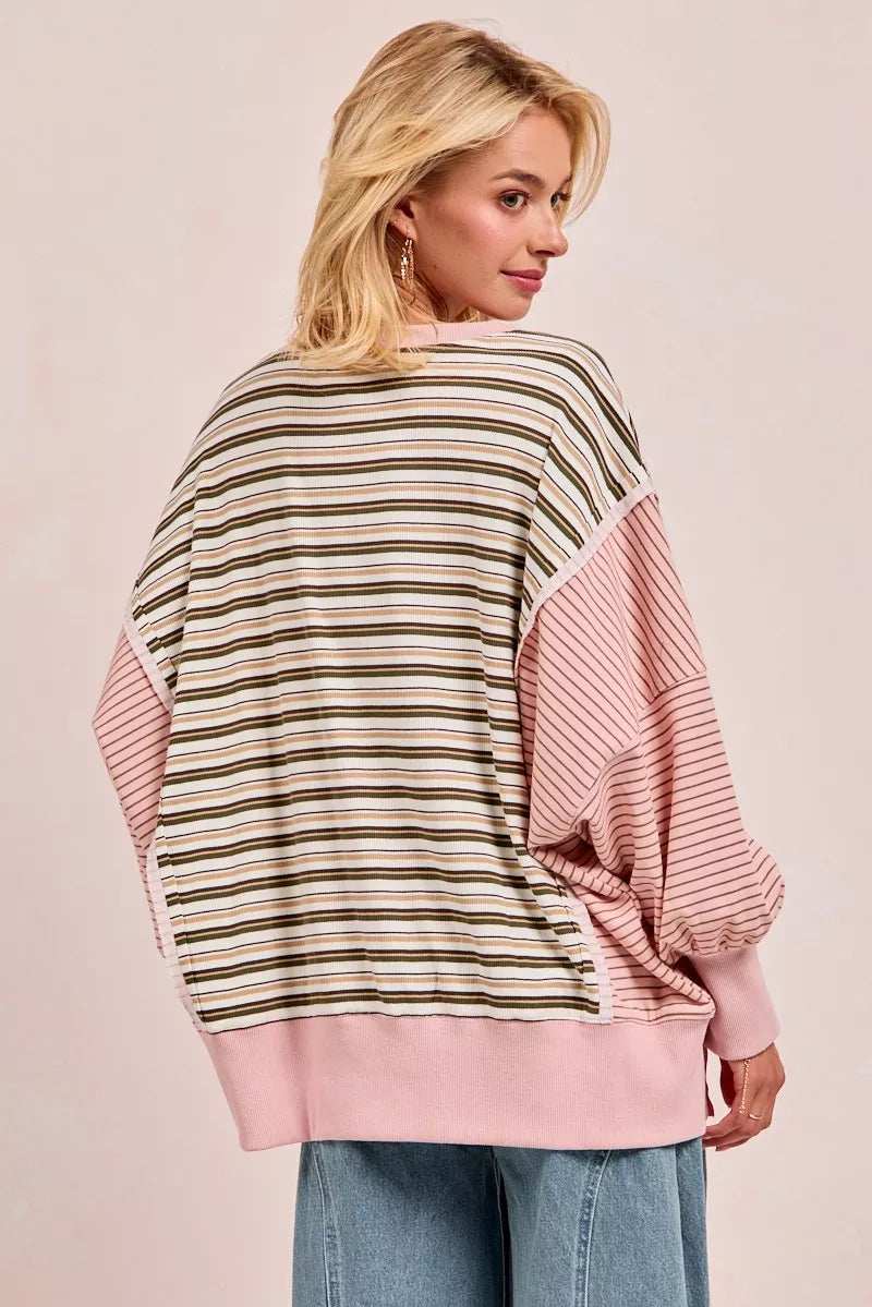 BiBi Stripe Mixed Top With Cut Edge And Reverse Outseam - Trendsi - Flyclothing LLC