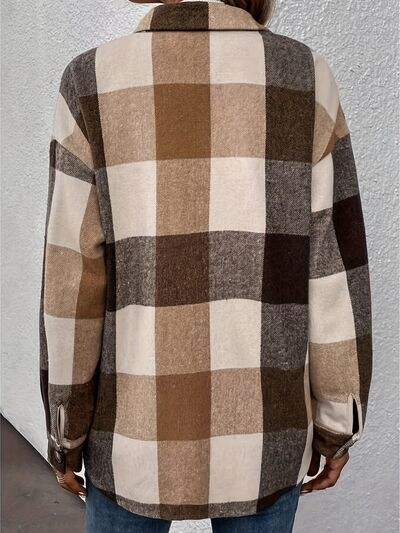Curved Hem Plaid Collared Neck Shacket - Trendsi - Flyclothing LLC