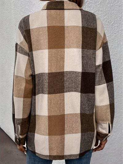 Curved Hem Plaid Collared Neck Shacket - Trendsi - Flyclothing LLC