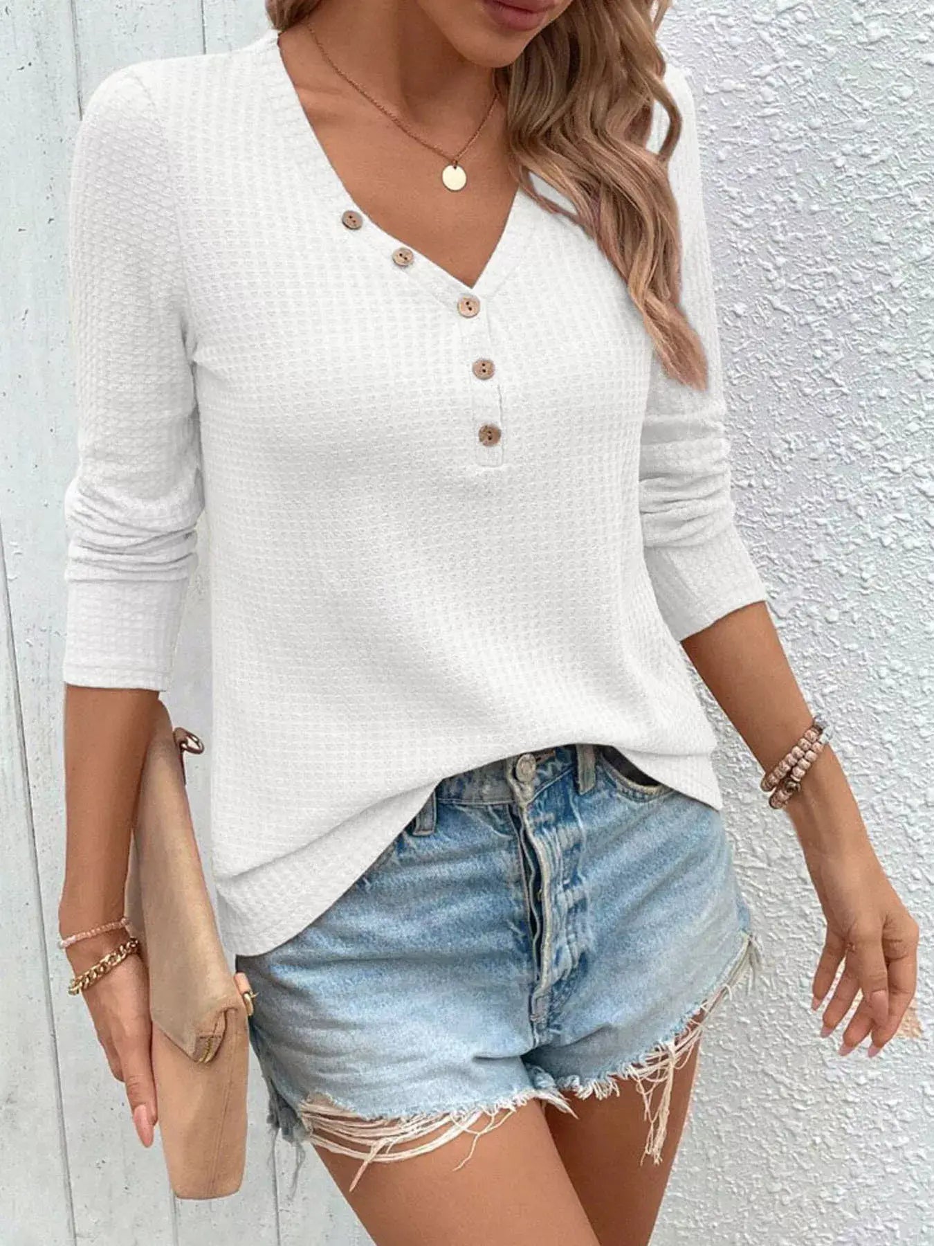 Waffle Knit Button-Detail V-Neck T-Shirt - Trendsi - Flyclothing LLC