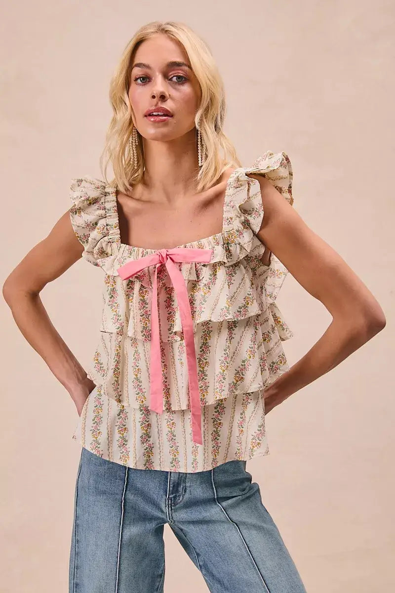 BiBi Floral Printed Woven Front Bow Tied Ruffled Square Neck Sleeveless Top - Trendsi - Flyclothing LLC