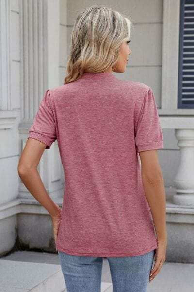 Notched Short Sleeve Solid Color Top - Trendsi - Flyclothing LLC
