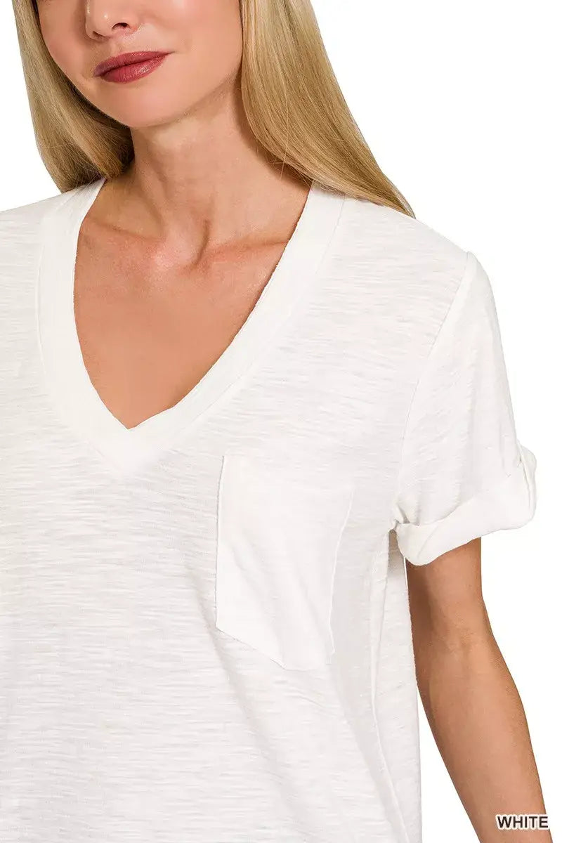 Zenana Slub Rolled Short Sleeve V-Neck Tee - Trendsi - Flyclothing LLC