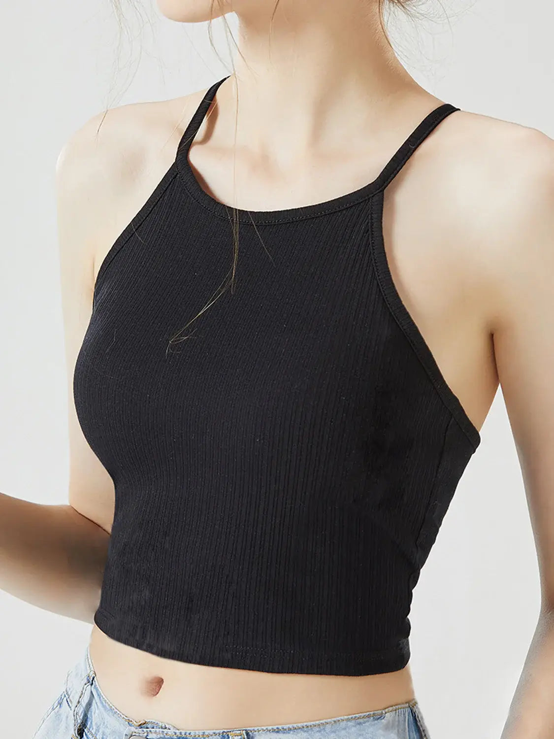Grecian Neck Cropped Tank with Chest Pads - Trendsi - Flyclothing LLC