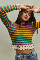 SO ME Mardi Gras Striped Cropped Knit Top with Crochet Edge - Trendsi - Flyclothing LLC