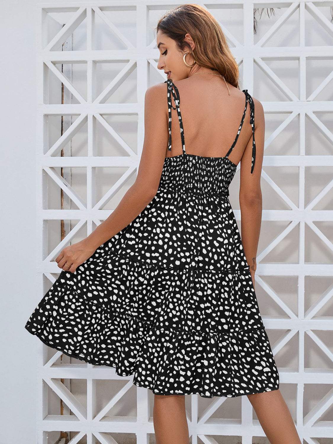 Printed Square Neck Tie Shoulder Dress - Trendsi - Flyclothing LLC