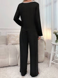 Contrast Trim Notched Long Sleeve Top and Pants Lounge Set - Trendsi