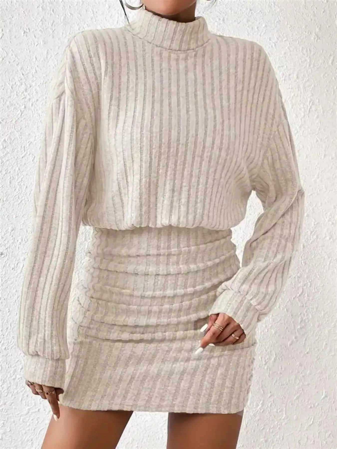 Ribbed Knit Turtleneck Bodycon Mini Dress - Trendsi - Flyclothing LLC
