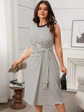 Striped Round Neck Sleeveless Midi Tank Dress - Trendsi