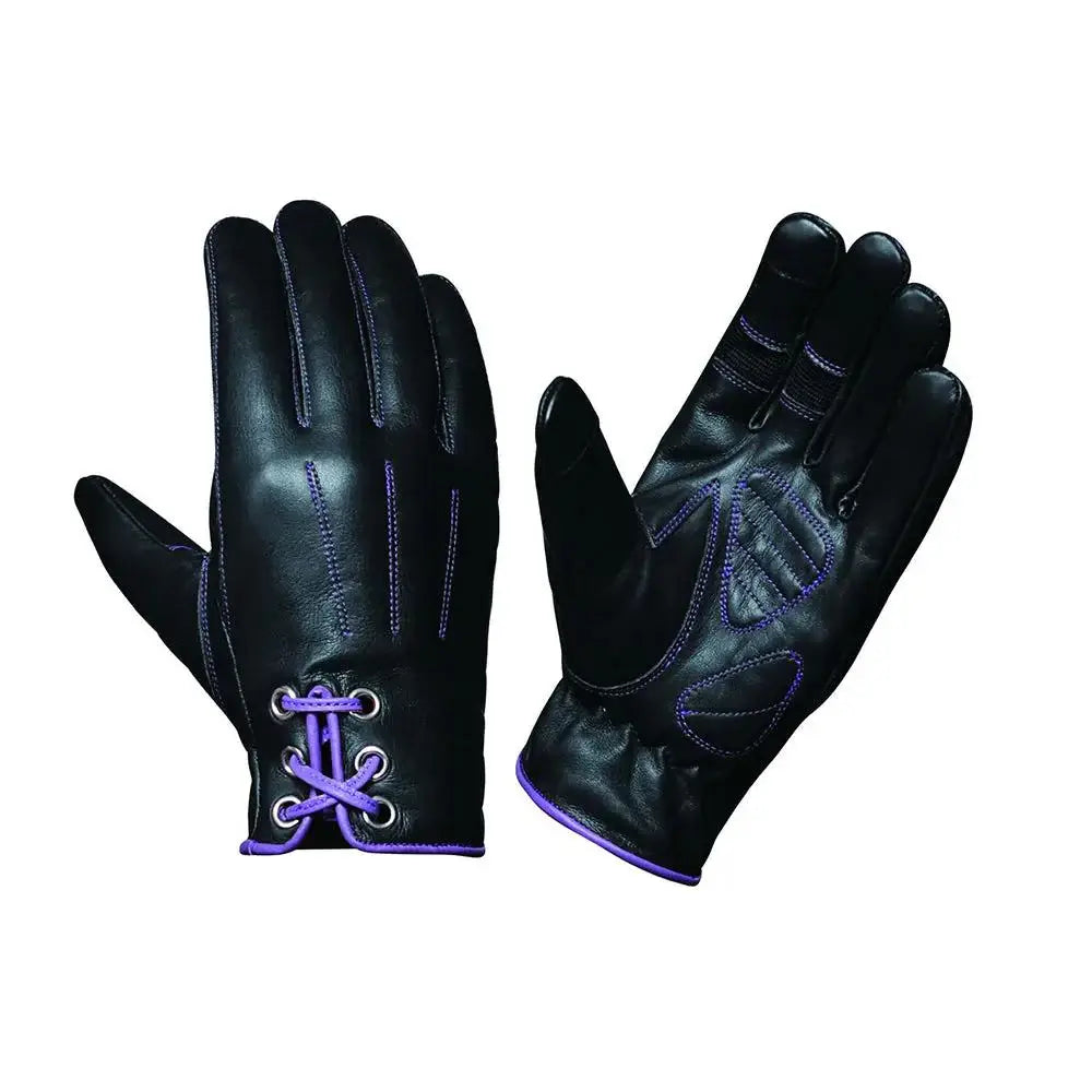 Ladies Full Finger Gloves with Purple Stitching - Unik Just for Bikers - Flyclothing LLC