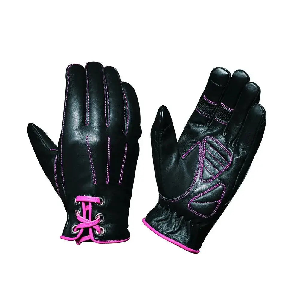 Ladies Full Finger Gloves with Pink Stitching - Unik Just for Bikers - Flyclothing LLC