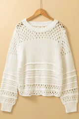 Pointelle Knit Puff Sleeve Sweater - Trendsi - Flyclothing LLC