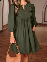 Bracelet Sleeve Split Neck Scallop Detail Pleated Corduroy Mini Dress - Trendsi - Flyclothing LLC