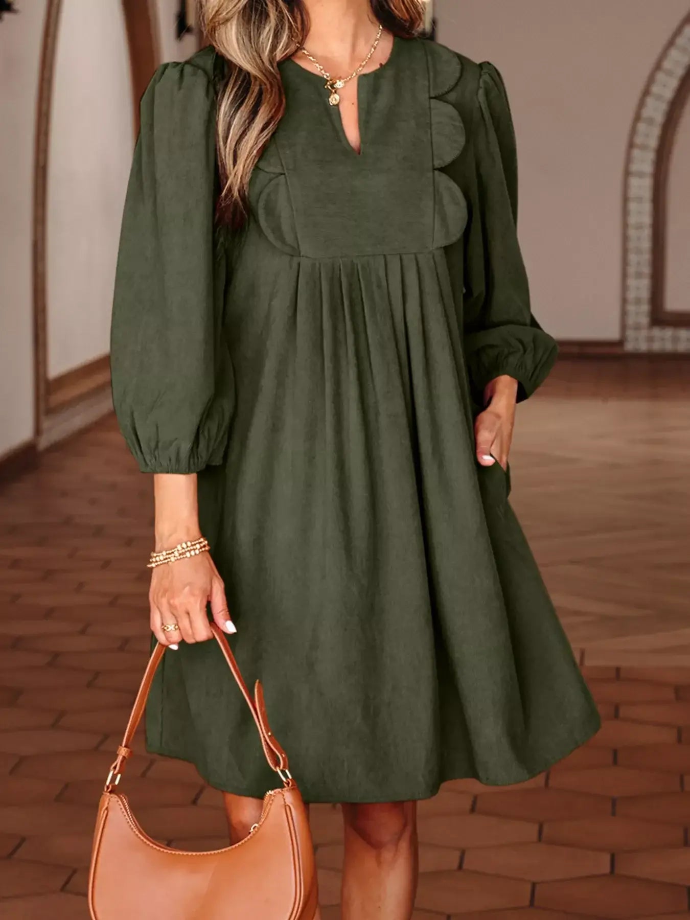 Bracelet Sleeve Split Neck Scallop Detail Pleated Corduroy Mini Dress - Trendsi - Flyclothing LLC