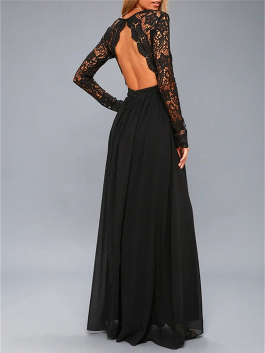 Lace Detail Backless Long Sleeve Maxi Dress - Trendsi
