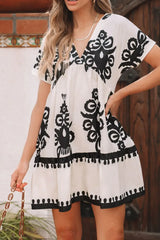 Printed V-Neck Short Sleeve Dress - Trendsi - Flyclothing LLC