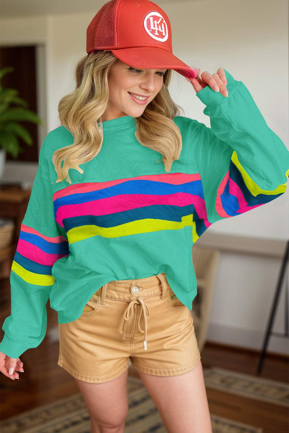 Contrast Round Neck Long Sleeve Top - Trendsi - Flyclothing LLC