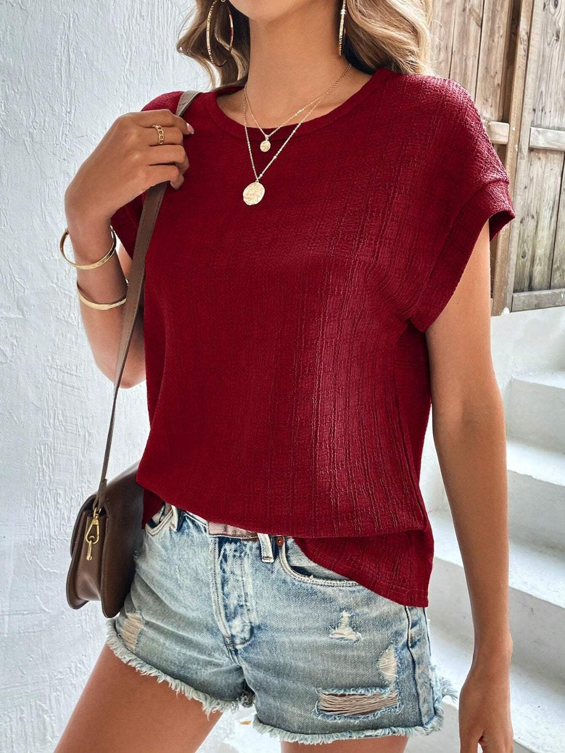 Textured Round Neck Short Sleeve Top - Trendsi - Flyclothing LLC