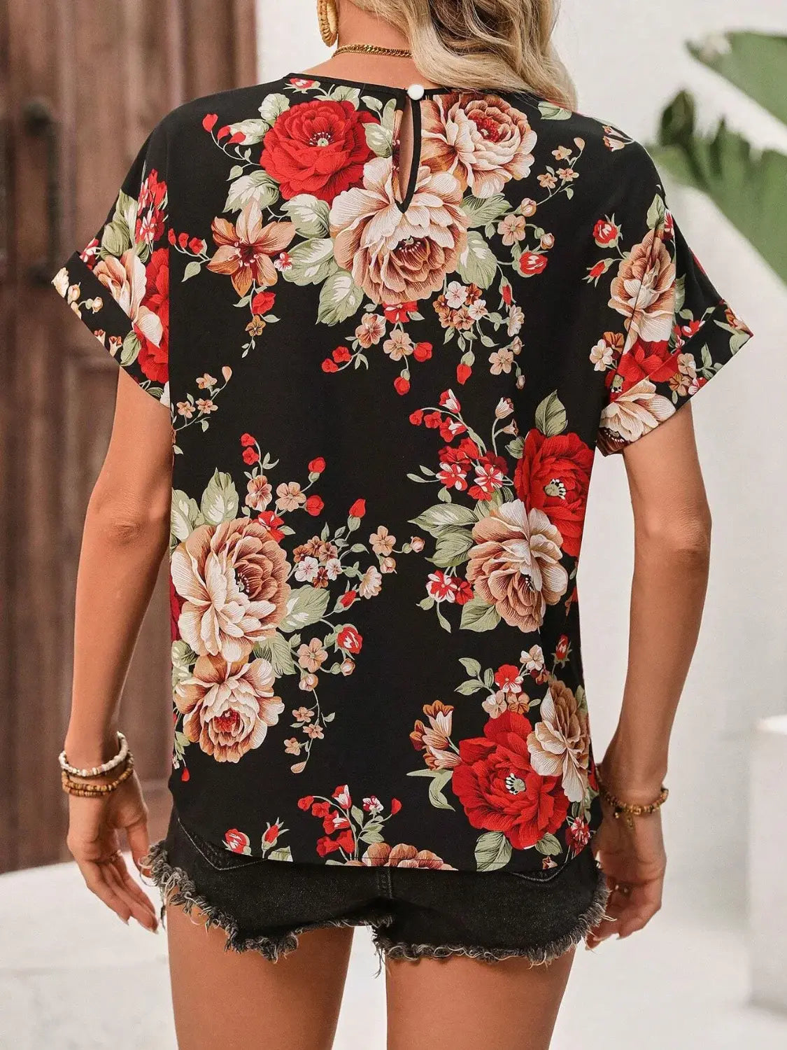 Contrast Round Neck Short Sleeve Blouse - Trendsi - Flyclothing LLC