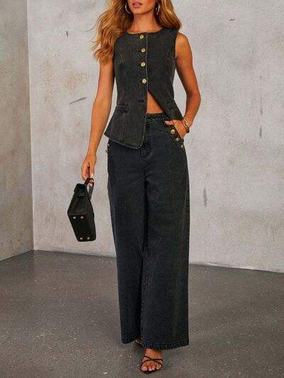 Button Decor High Rise Wide Leg Jeans - Trendsi - Flyclothing LLC