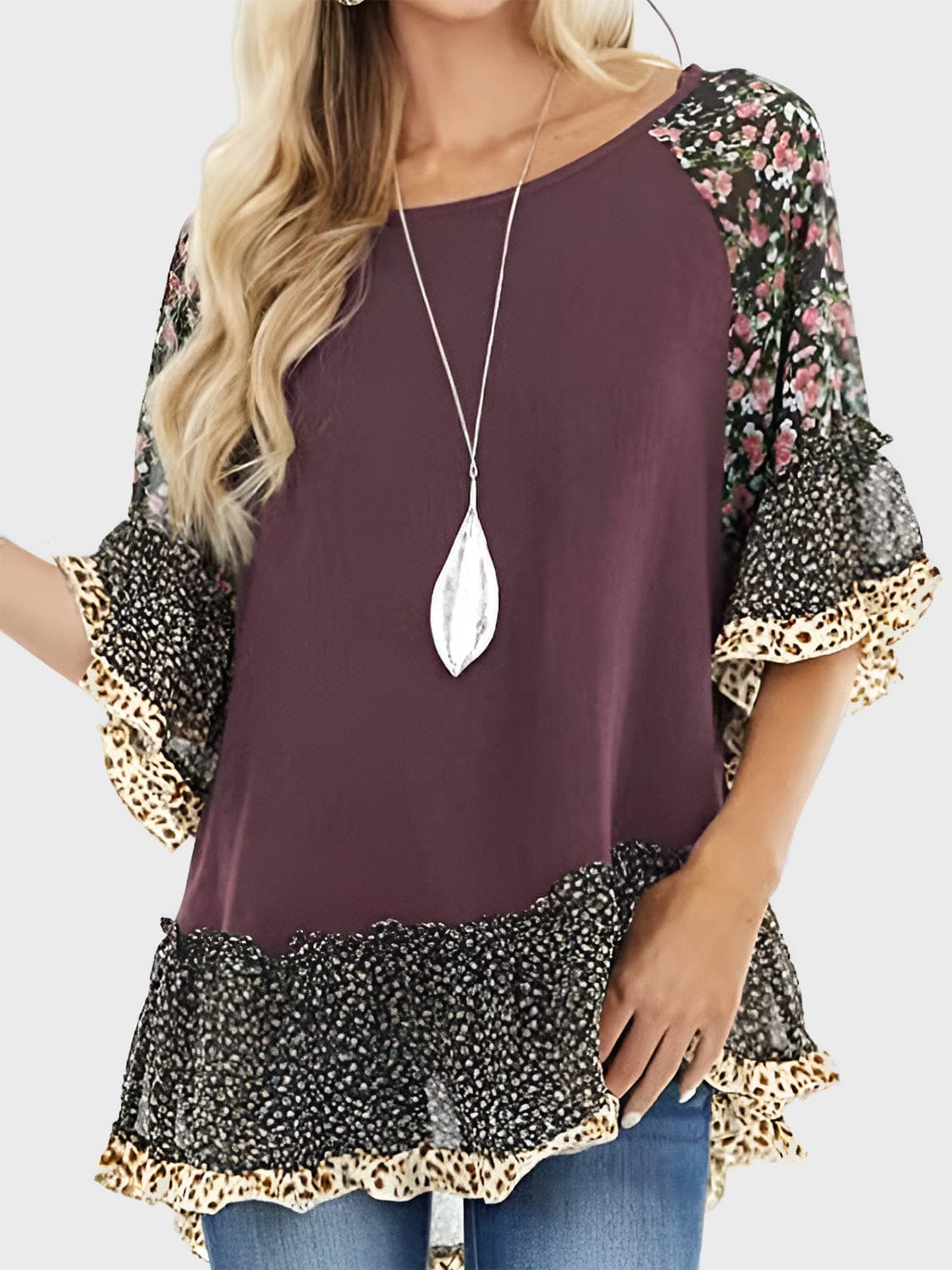 Full Size Frill Printed Round Neck Half Sleeve Blouse - Trendsi
