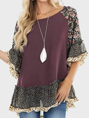 Full Size Frill Printed Round Neck Half Sleeve Blouse - Trendsi