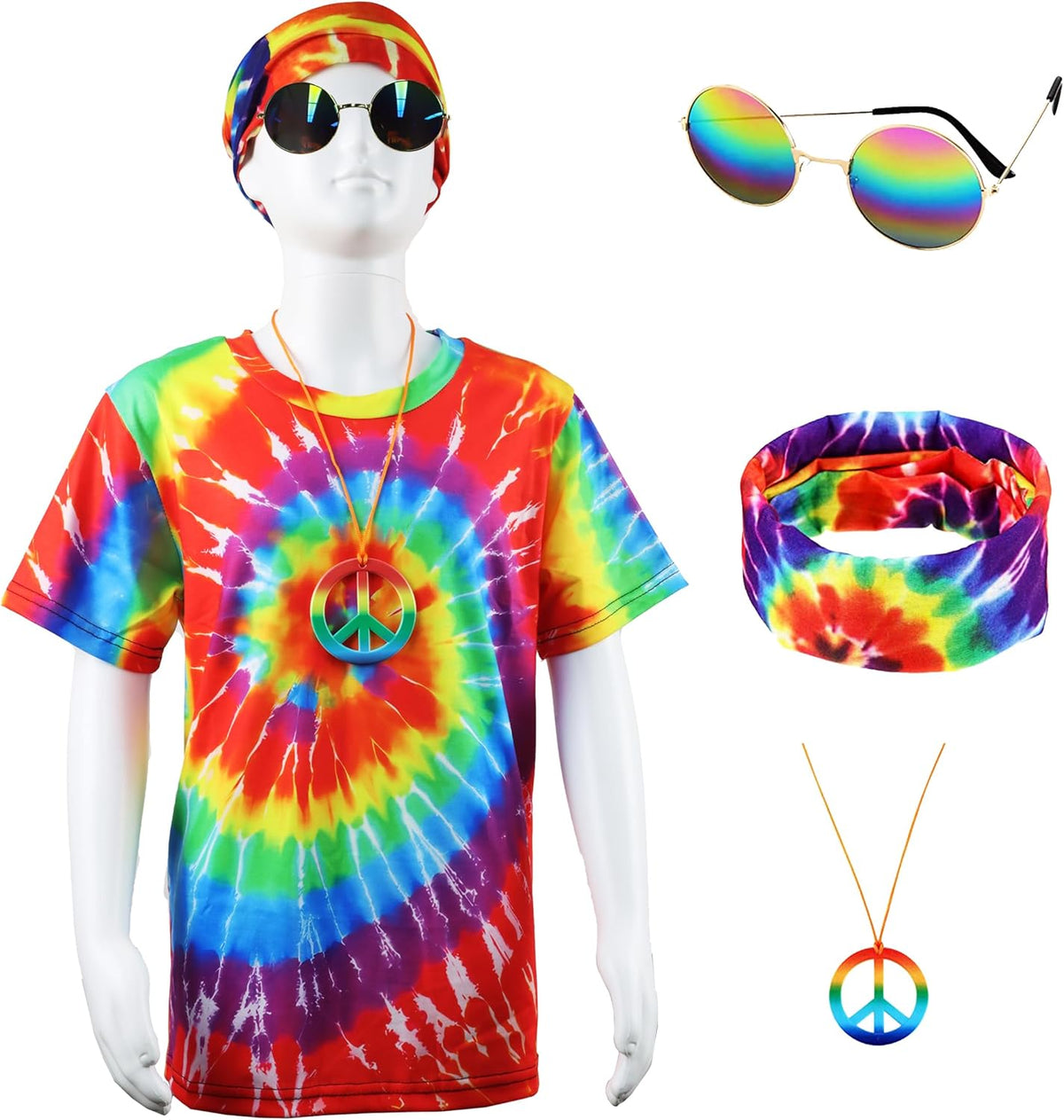 70s Outfits Boys 4Pcs Hippie Costume Accessories Kids Colorful Dye tshirt for Theme Party 60s 70s for 4-12 years - SHOMICOBOUTIQUE - Flyclothing LLC