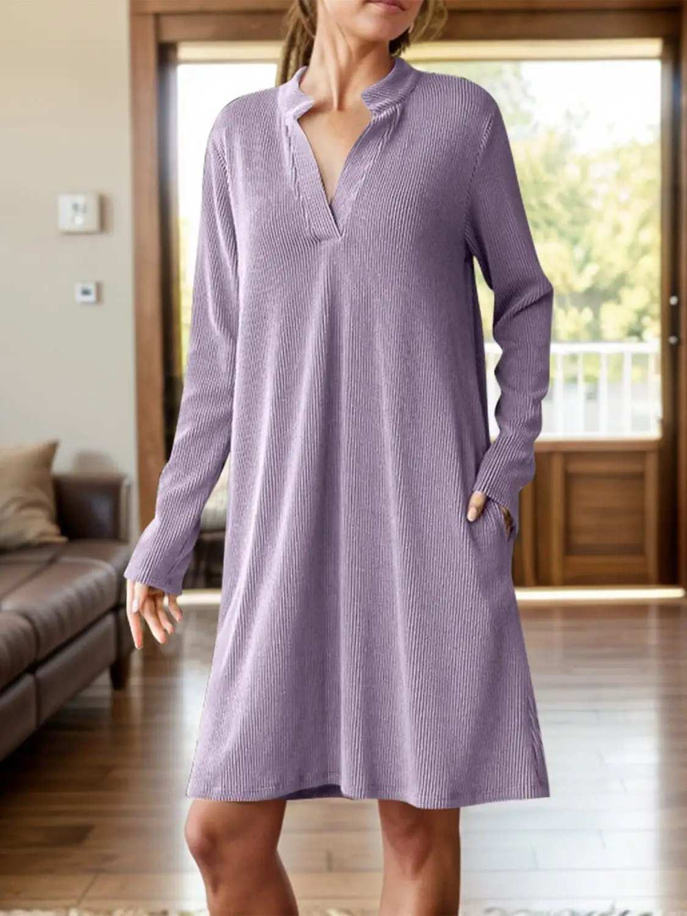 Notched Long Sleeve Mini Dress with Pockets - Trendsi - Flyclothing LLC