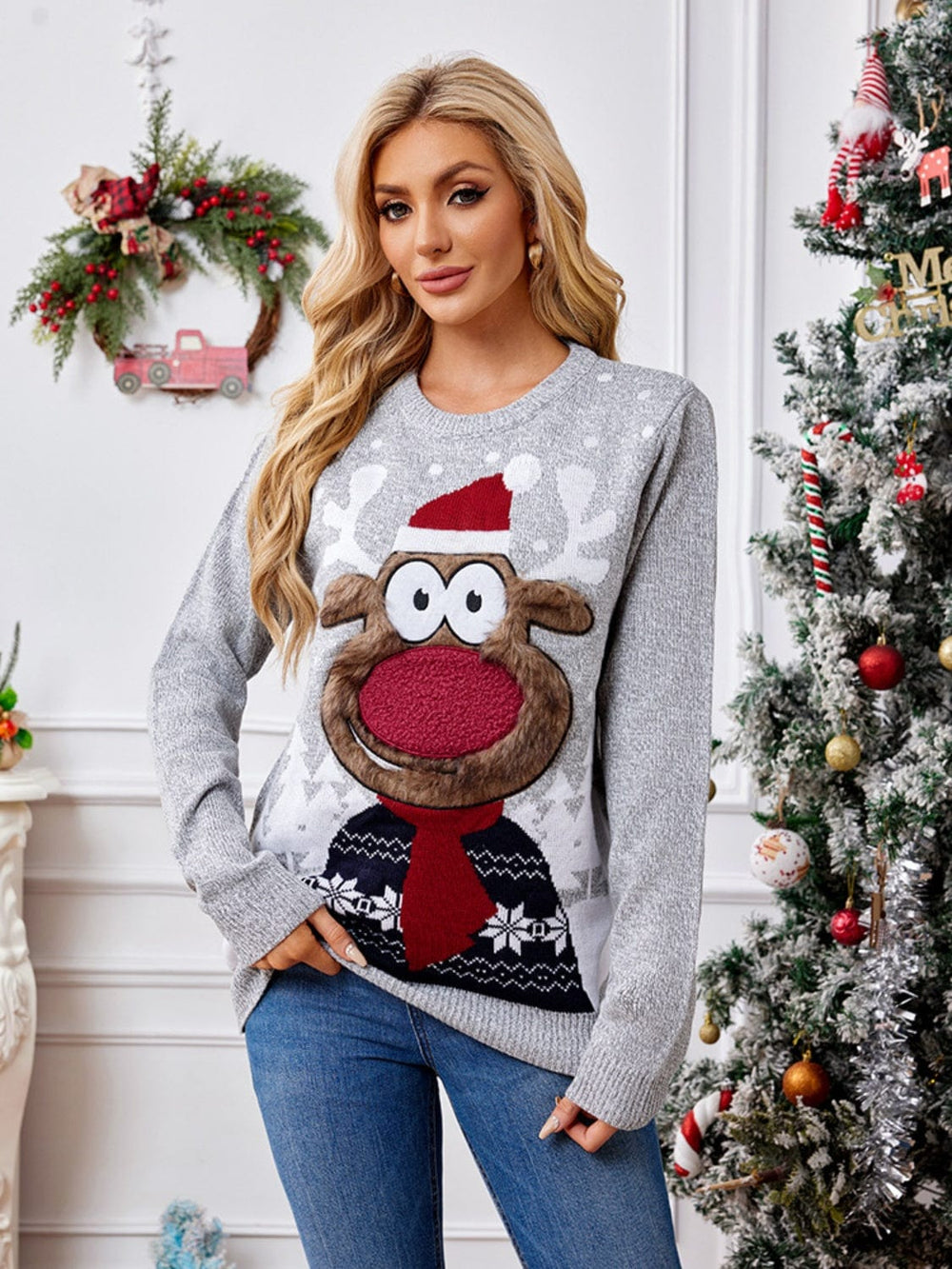 Reindeer Round Neck Long Sleeve Sweater - Trendsi