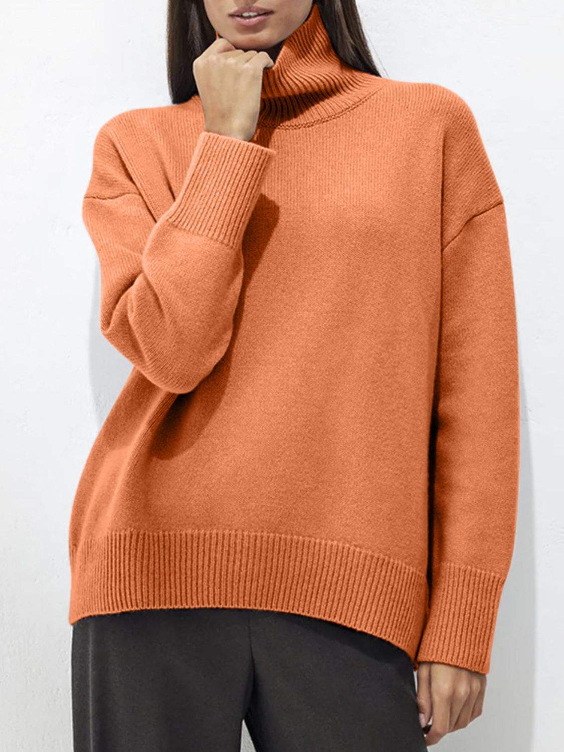 Turtleneck Drop Shoulder Long Sleeve Sweater - Trendsi - Flyclothing LLC