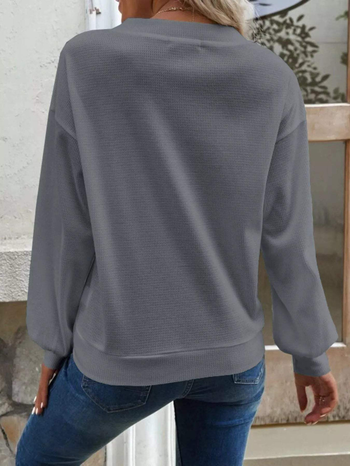 Casual V-Neck Waffle Long Sleeve Top - Trendsi - Flyclothing LLC