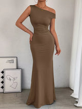 One-Shoulder Ruched Bodycon Maxi Dress - Trendsi - Flyclothing LLC
